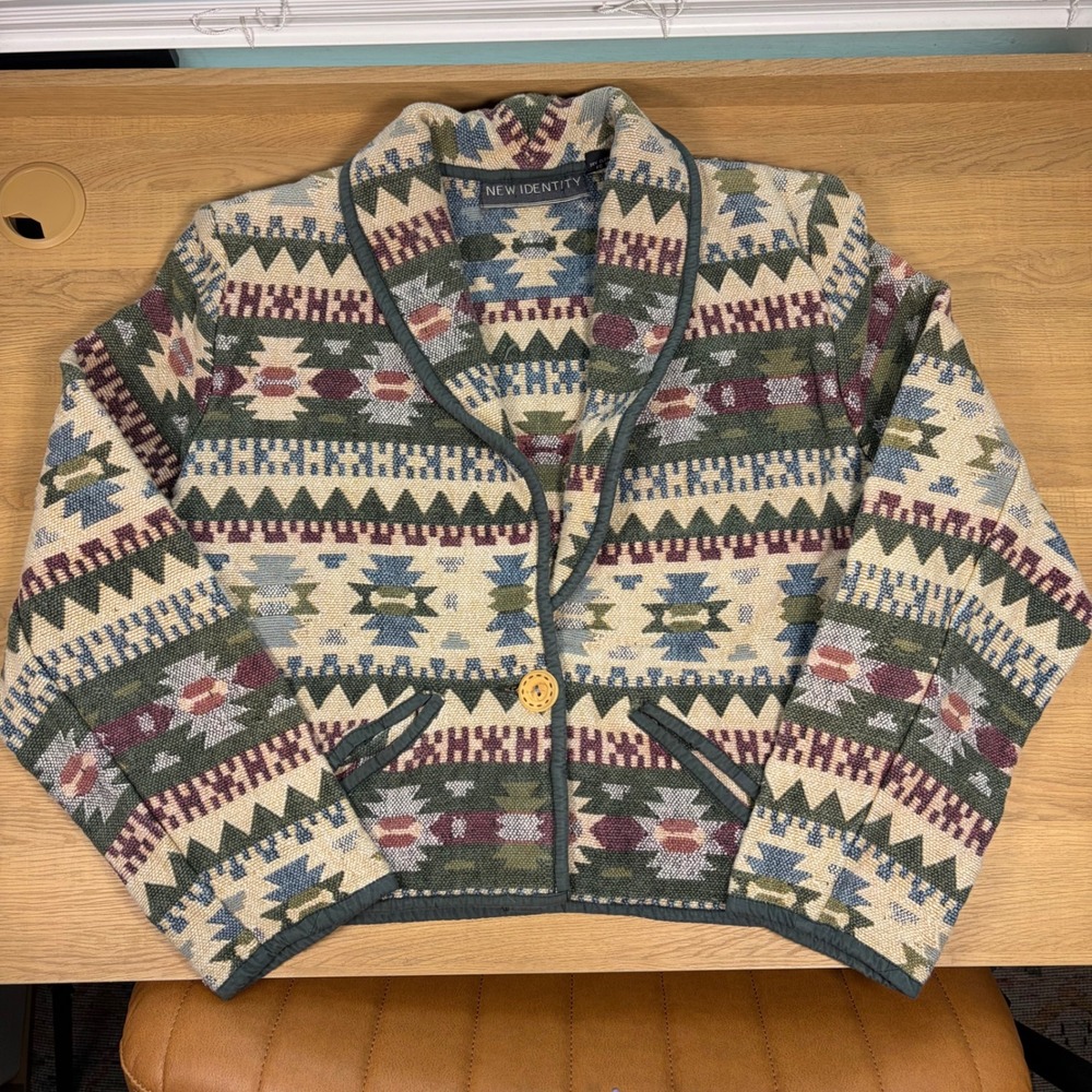 New Identity Southwestern Tapestry Jacket Women Large Cotton Geometric Vintage